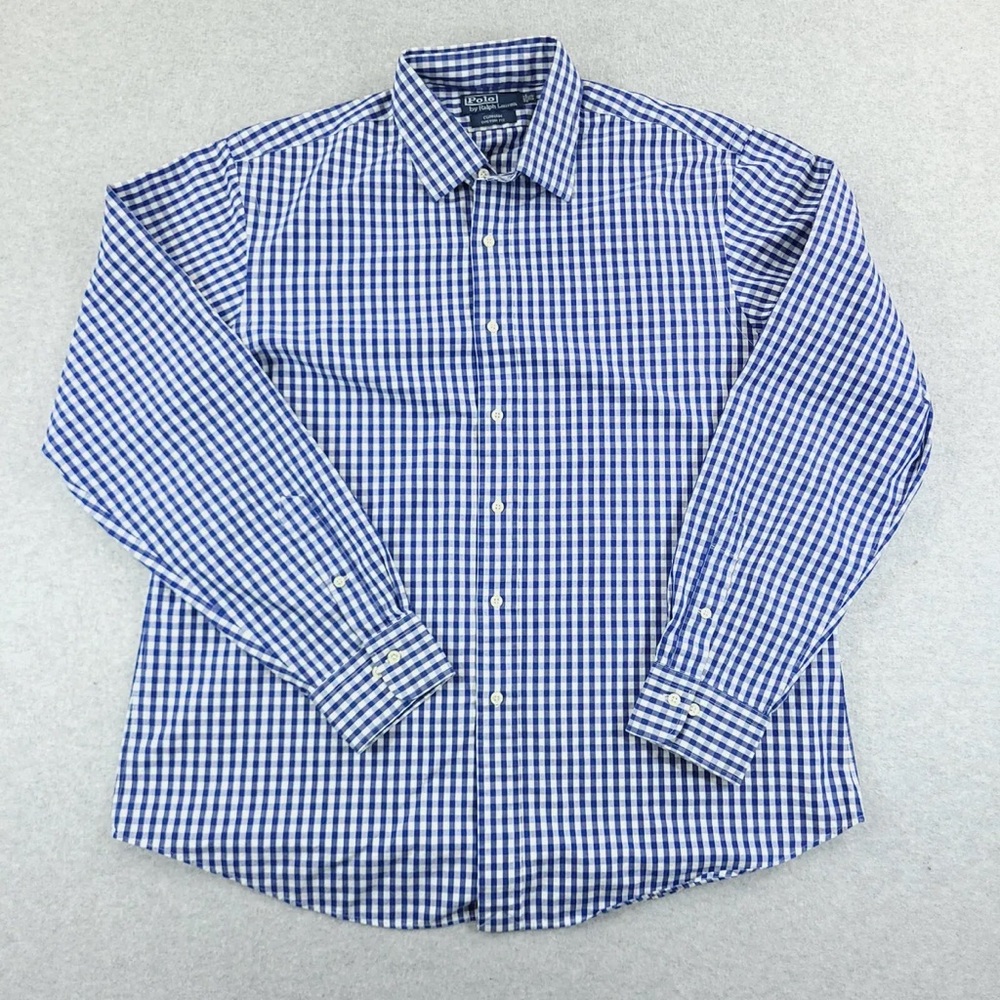 Blue Gingham Plaid Men’s Polo by Ralph Lauren Button-Up Dress Shirt Size 18XXL